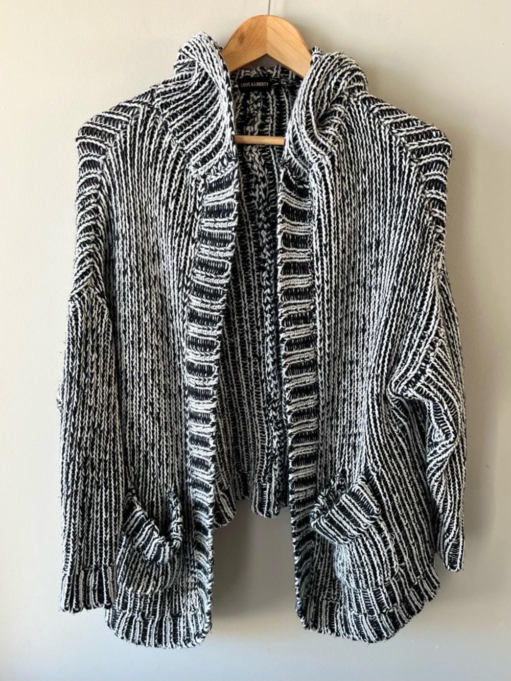 Love & Liberty Black & White Chunky Knit Open-Front Sweater w/ Animal Ear Hood